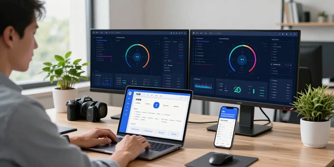 Professional user using 快连 software in a modern office environment with dual monitors.