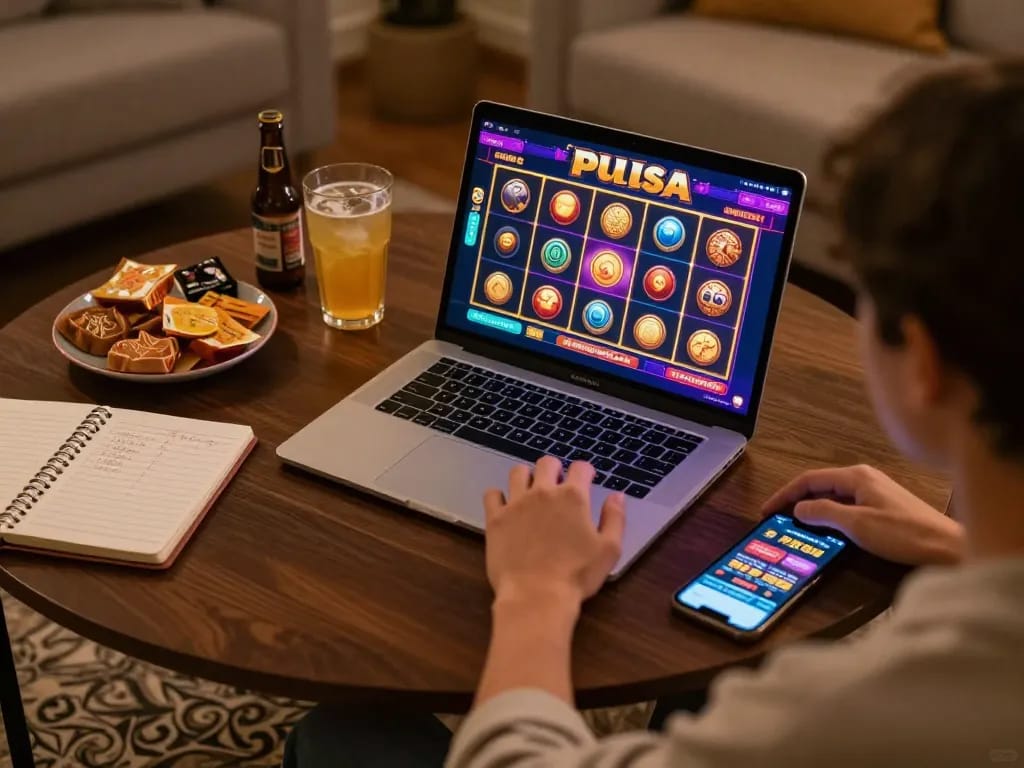Player enjoying a thrilling slot pulsa game session online in a cozy setting, showcasing responsible gaming
