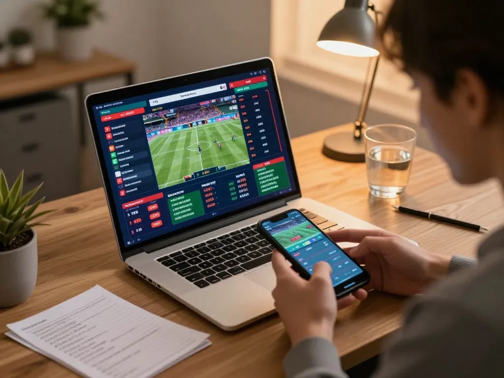 Engaging in sports betting on keonhacaii with live odds displayed on a laptop during an exciting game.