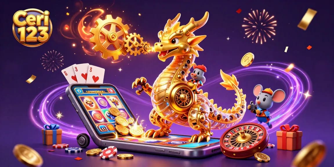 Experience the excitement of Ceri 123 with a golden dragon, engaging slot games, and dynamic casino elements.