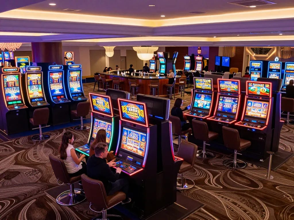 Players enjoying various slot machines at Jun 88 casino floor, showcasing excitement and vibrant atmosphere
