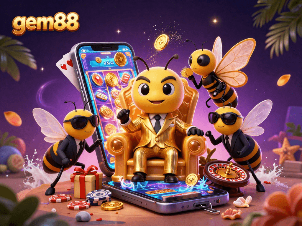 Experience the thrilling world of gem88 with vibrant casino elements in a dynamic bumblebee mob boss scene.