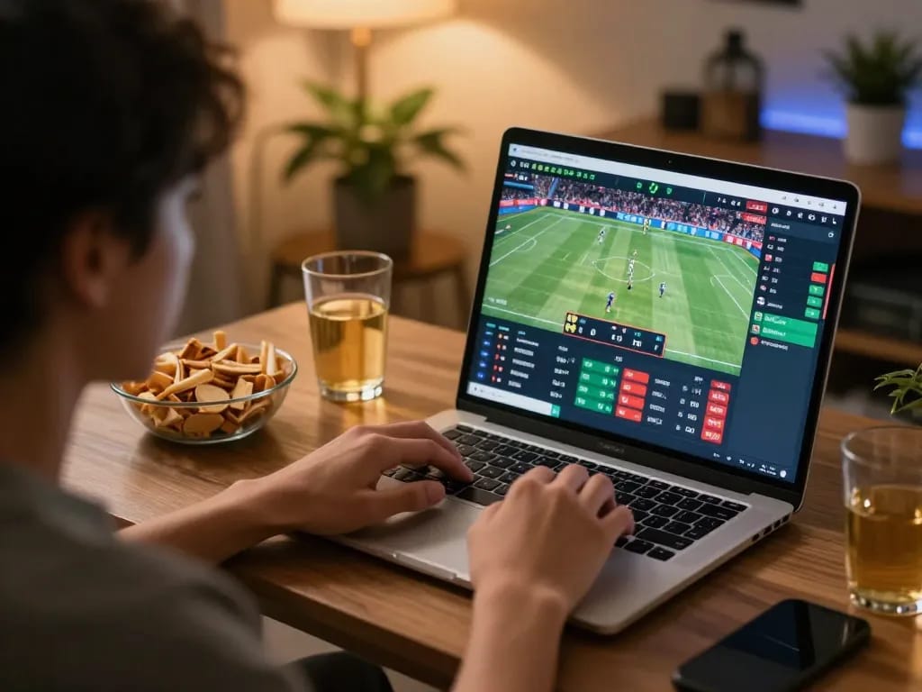 Engaging in sports betting on qq88 with multiple screens displaying live events and betting options.