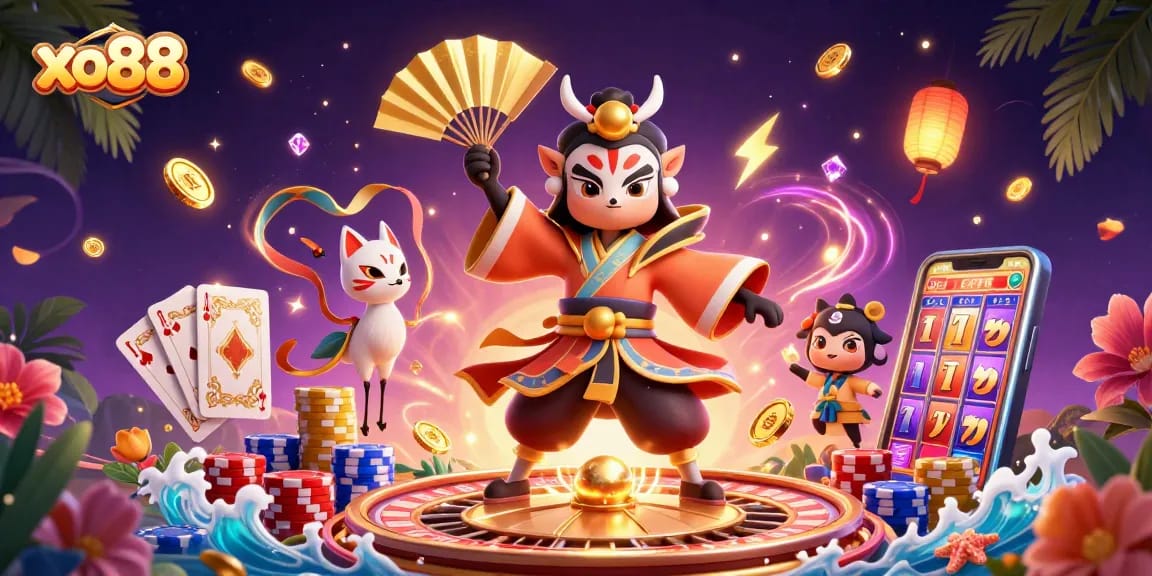 Engage with xo88's thrilling gaming scene featuring kabuki characters and casino elements.