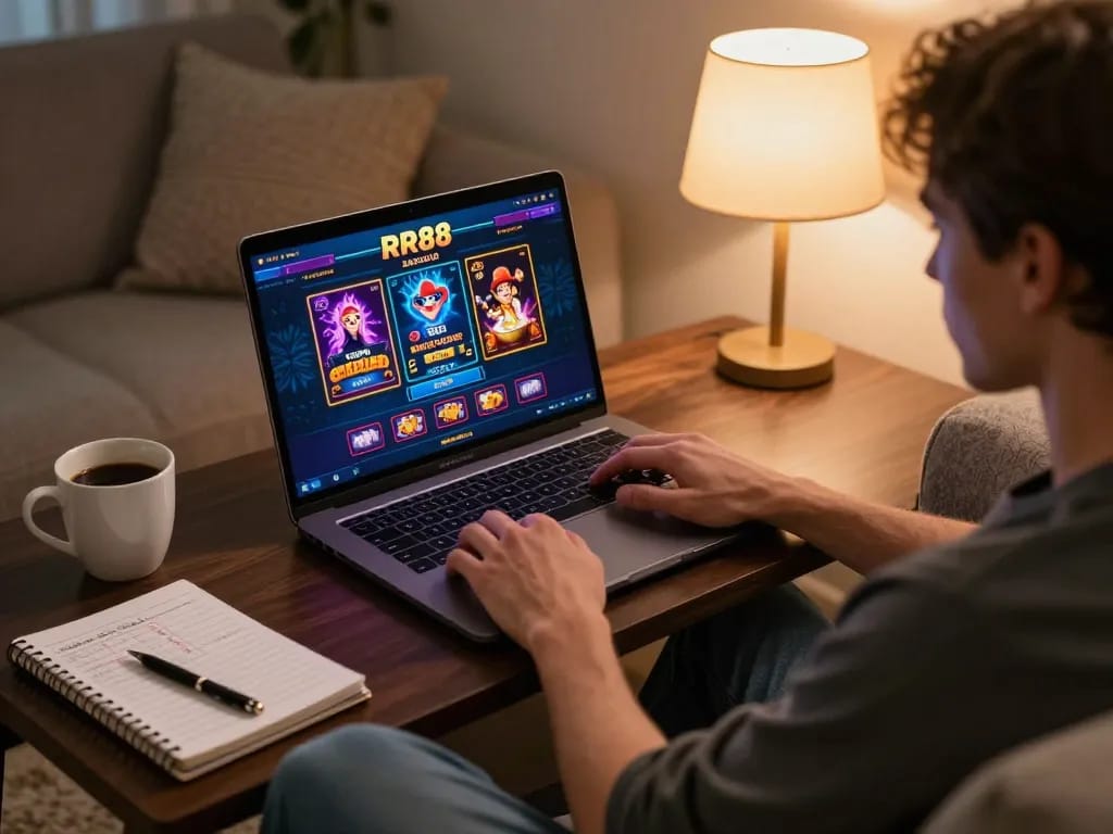 Player analyzing strategies while enjoying RR88 online gameplay on a comfortable home setup