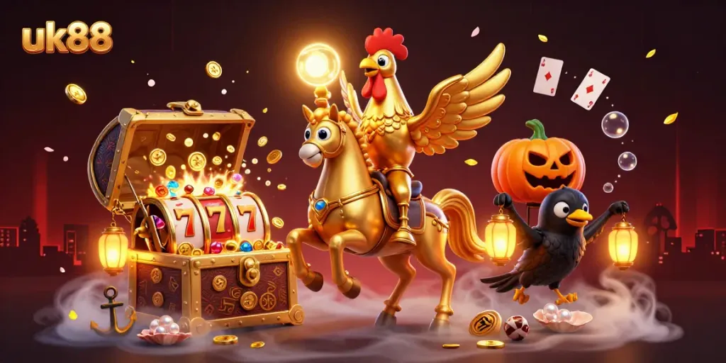 Engage in thrilling gaming action at uk88 casino with a golden rooster and glowing treasures.