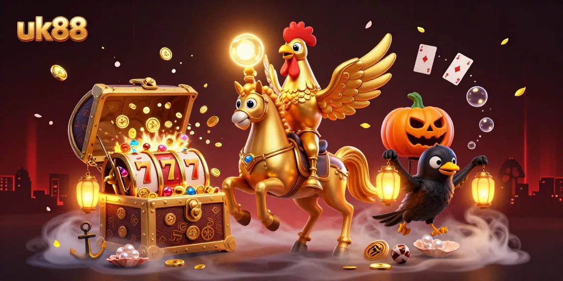 Engage in thrilling gaming action at uk88 casino with a golden rooster and glowing treasures.