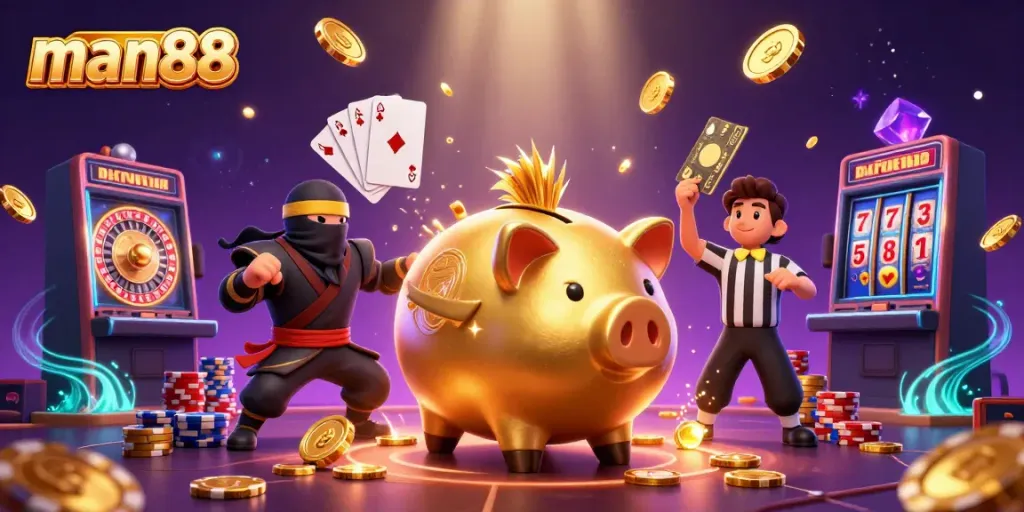 Experience the vibrant excitement of man88 with a cartoon sumo piggy bank and dynamic casino elements.