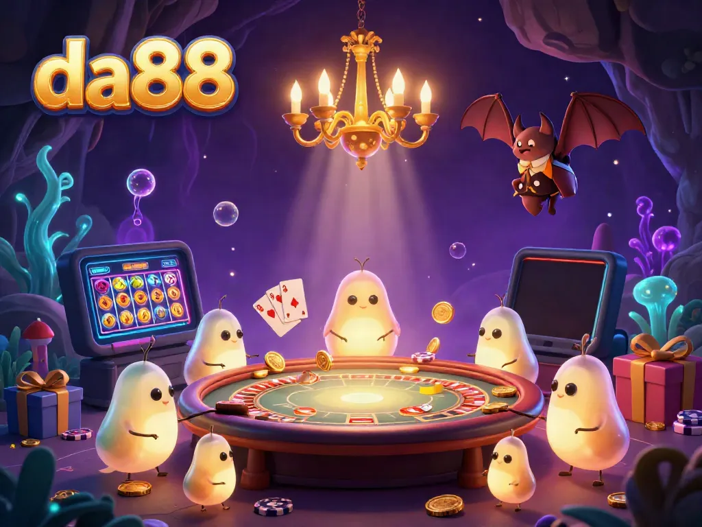 Experience the lively cave casino atmosphere at da88 with glowing characters and exciting slot game action.