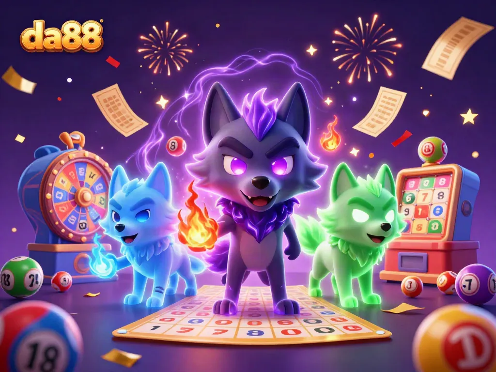 Experience the thrilling gaming atmosphere at da88 with lively lottery elements and mystical wolves.