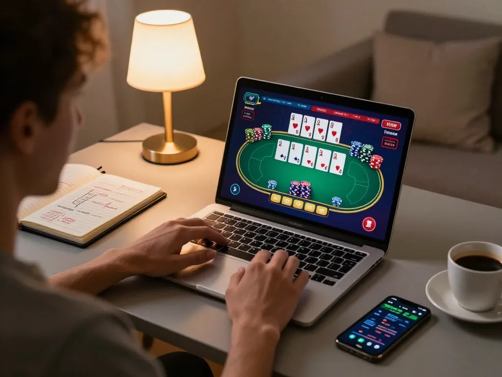 Engaging in online poker gameplay on a laptop at home, showcasing MM 88's casino interface.