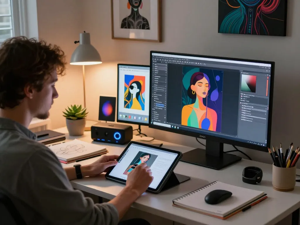 AI porn creations displayed on screens in a warm, inviting digital art studio