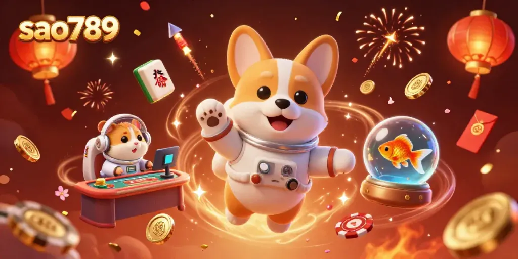 Engage in thrilling gameplay at sao789 with a playful astronaut corgi and vibrant casino elements.