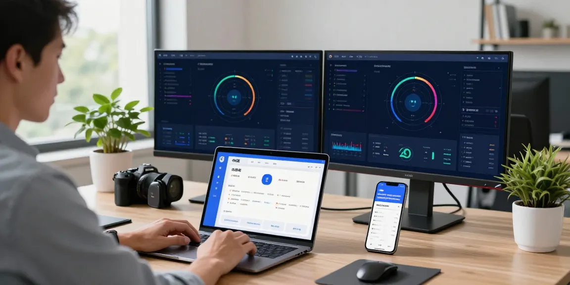 Professional user using 快连 software in a modern office environment with dual monitors.