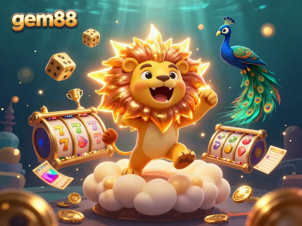 Experience thrilling gaming action with gem88 featuring a roaring sun lion amidst vibrant casino elements.