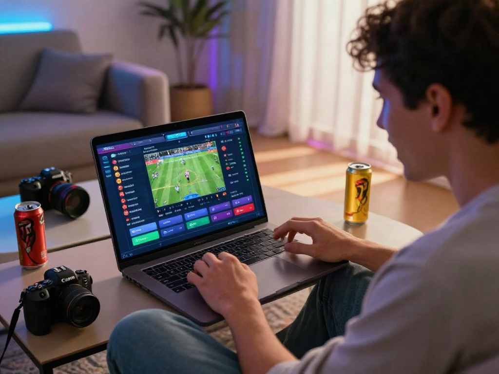 Engaged user on https://five88bet.org/ exploring online sports betting with vibrant game interface in a cozy setting.