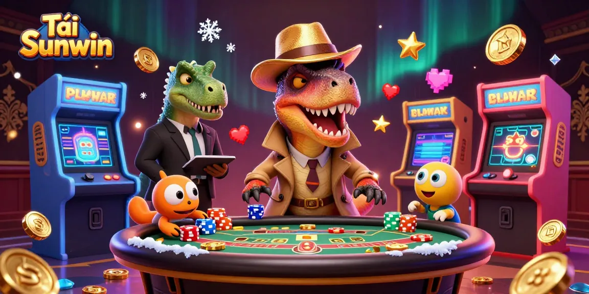 Tải Sunwin to enjoy vibrant 3D casino games with a cartoon velociraptor card counter at the blackjack table.