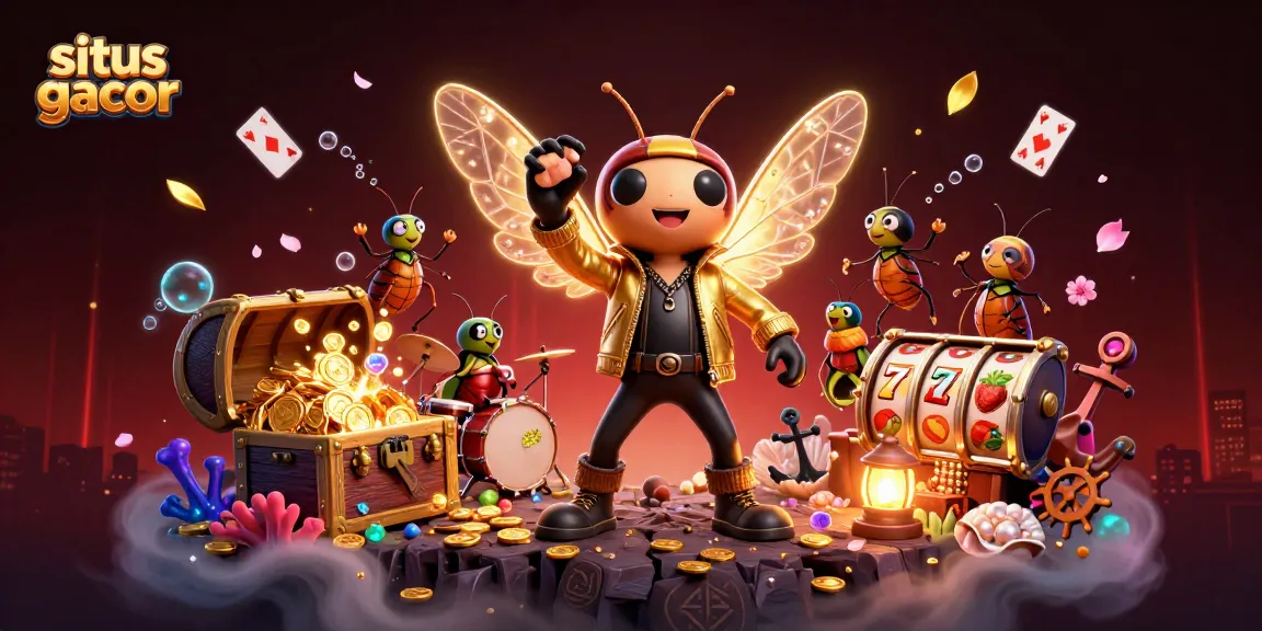 Situs gacor showcases a vibrant casino scene with a 3D cicada rock star and dynamic elements.