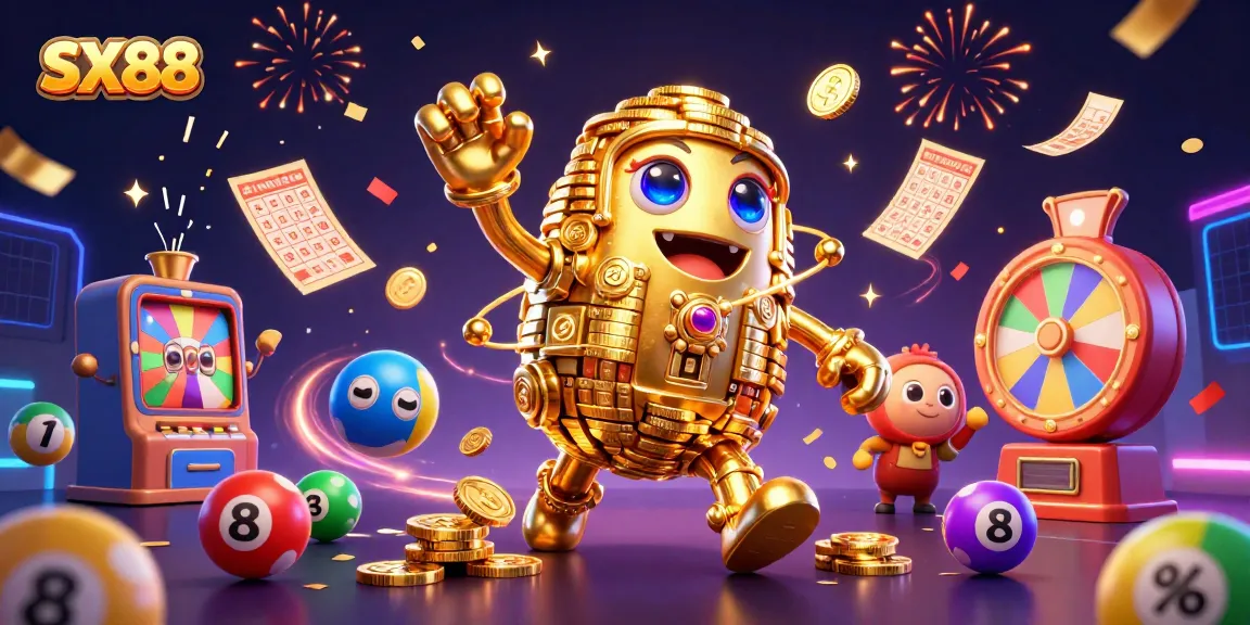 Play thrilling games at SX88 with a dynamic scene of a golden golem with coins and lottery elements.