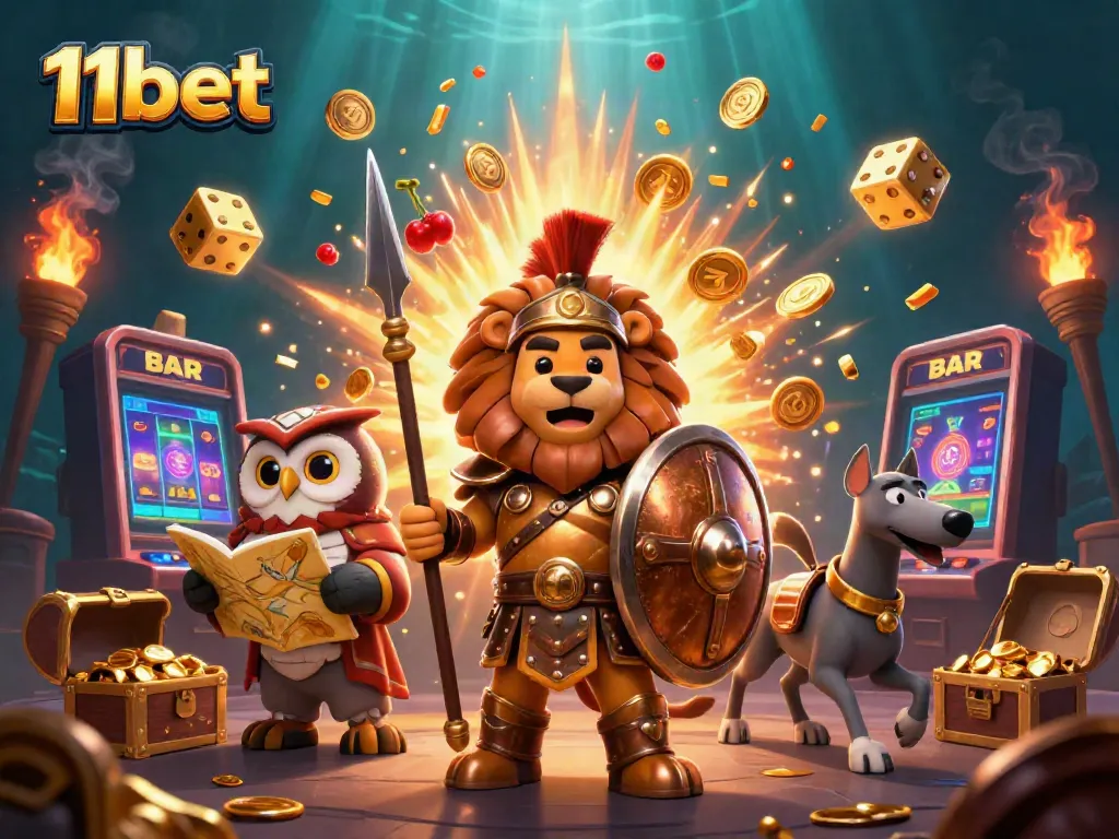 Experience thrilling gaming moments with 11bet's vibrant casino illustration showcasing exciting jackpots and casino elements.