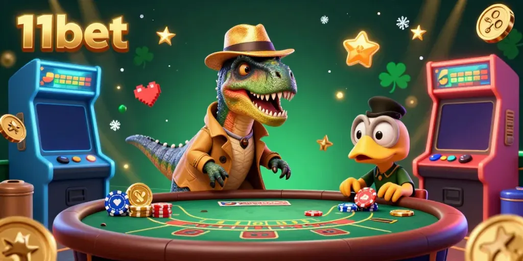 Experience excitement at 11bet with a playful velociraptor card counter and characters in a colorful casino scene.