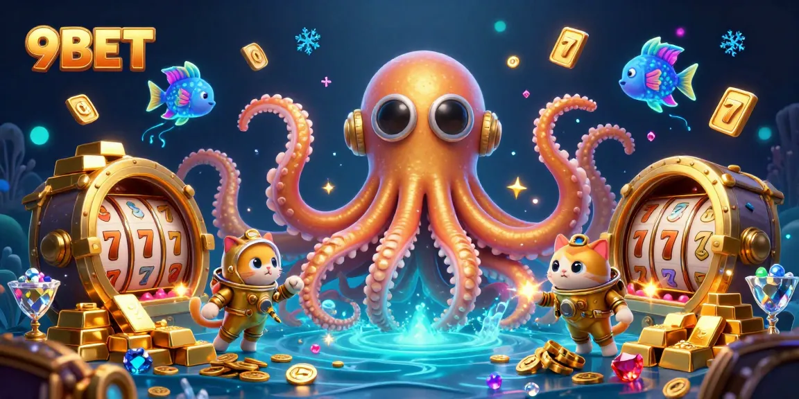 Engage with the vibrant 9BET casino experience, showcasing a kraken, diving cat, and gold treasures.