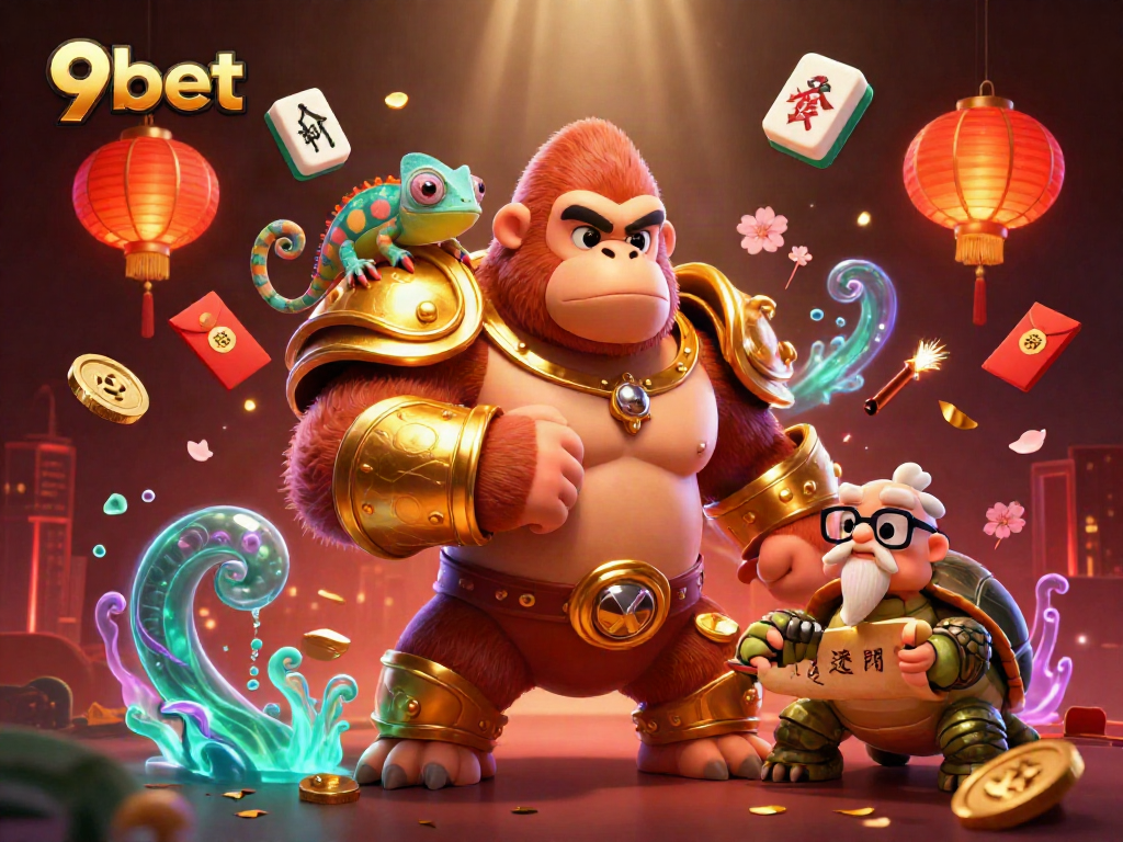 Experience the thrill of 9bet with a dynamic casino scene featuring characters and elements of excitement and fortune.