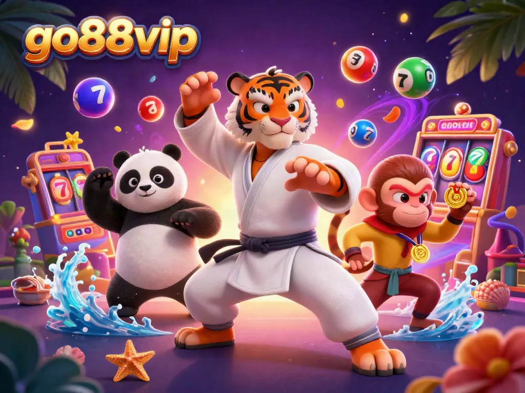 Engage with go88vip through dynamic colorful lottery balls and illustrated casino elements in a vibrant scene.