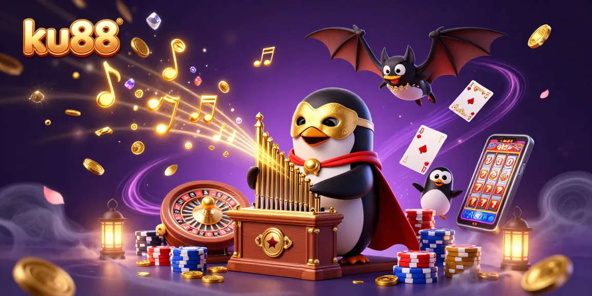 Engage with ku88's thrilling casino experience featuring a penguin organist, acrobatic bat, and vibrant game elements.