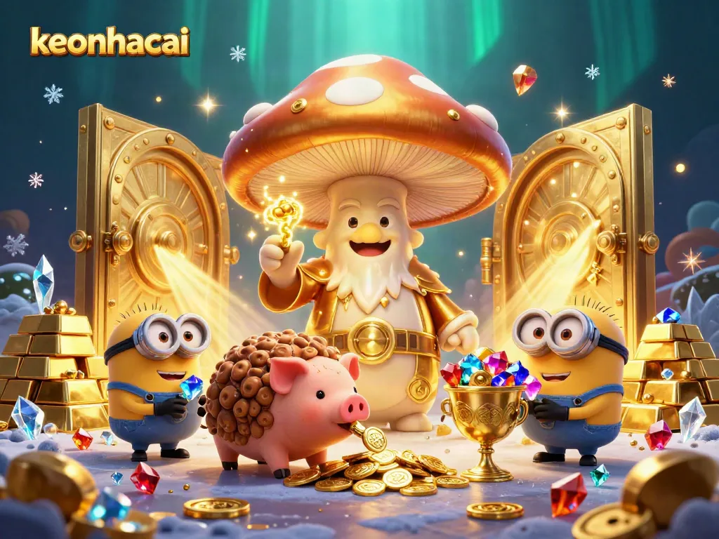 Experience the thrill of keonhacai with treasures bursting forth from a golden vault in a magical 3D illustration.