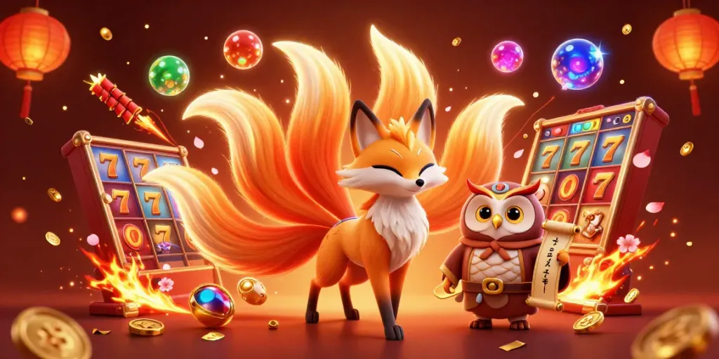 Experience the vibrant gaming world of Debet with a glowing nine-tailed fox and wise owl in a colorful 3D casino scene.