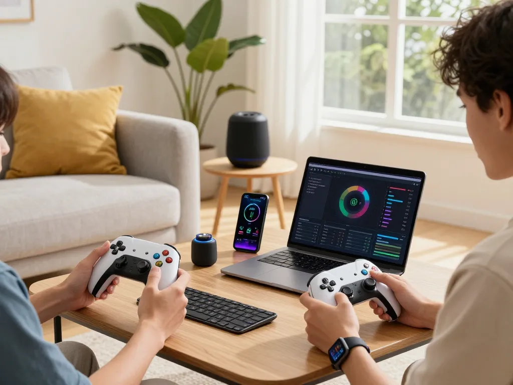 Showcasing top 10 tech gadgets 2041, a stylish living room filled with Bluetooth devices and a tech-savvy setup.