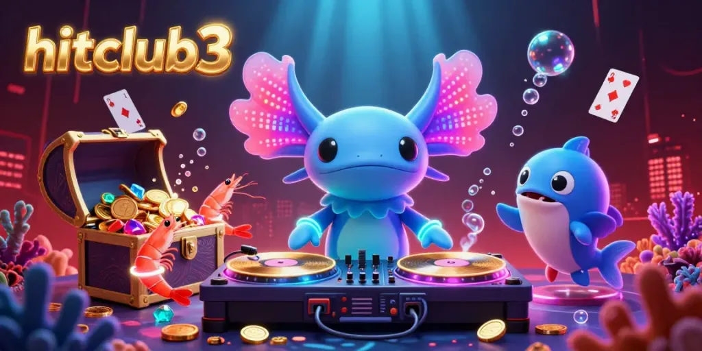 Engage with hitclub3's vibrant underwater casino scene featuring the axolotl DJ and colorful sea creatures.