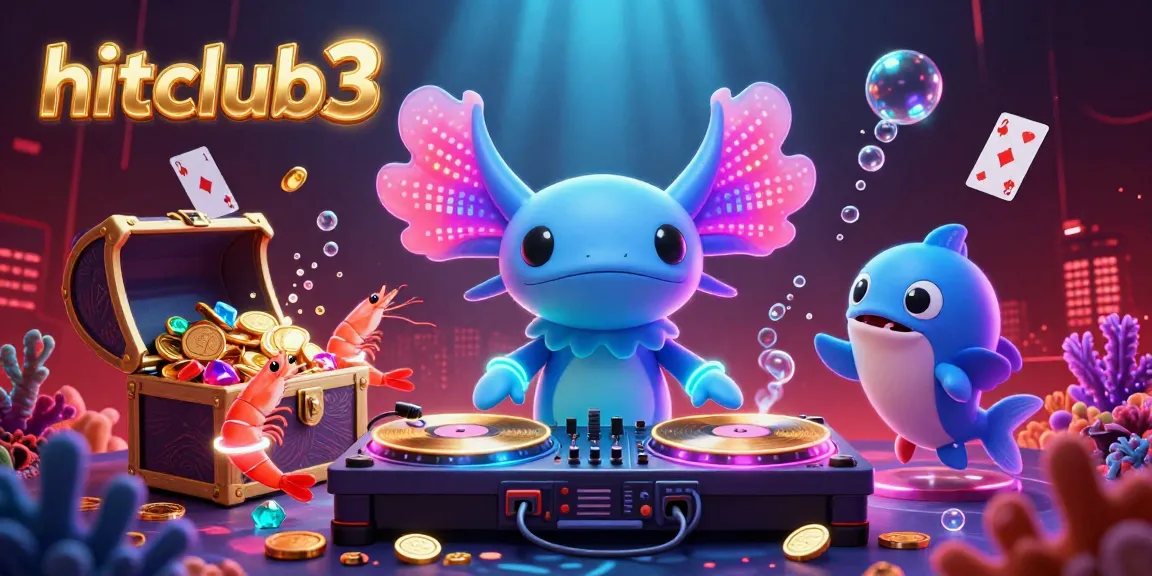 Engage with hitclub3's vibrant underwater casino scene featuring the axolotl DJ and colorful sea creatures.