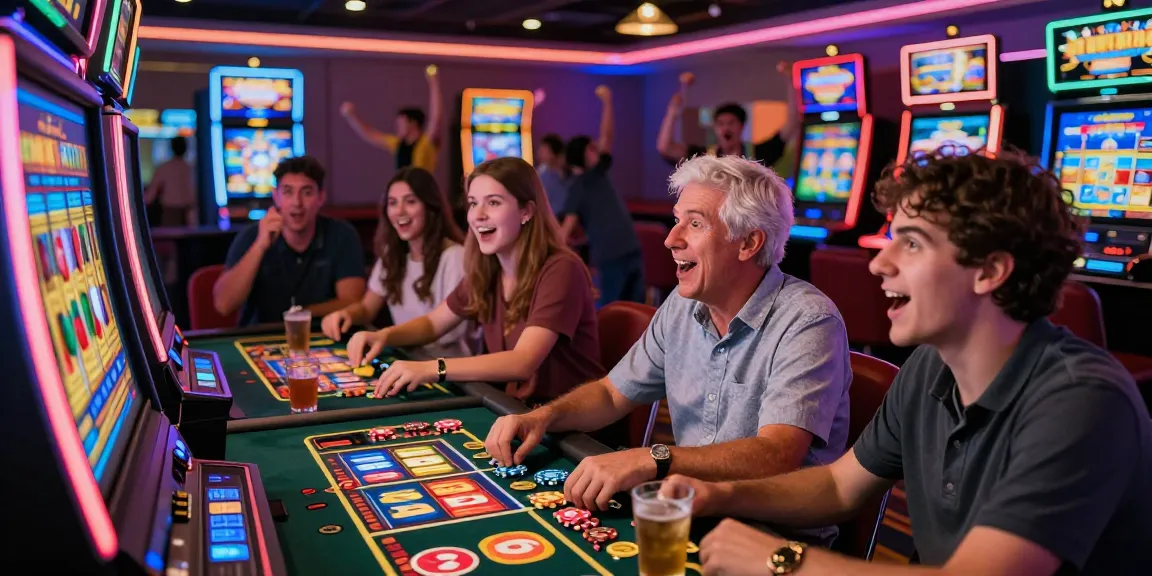Excited players enjoying slot gacor at a vibrant casino, capturing the thrill of winning.