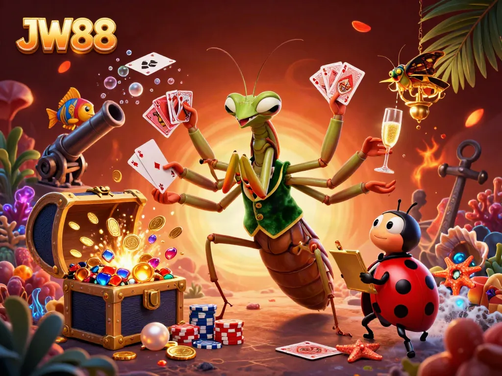 Engage with JW88's thrilling casino scene featuring a giant mantis card sharp and a ladybug pit boss in dynamic action.