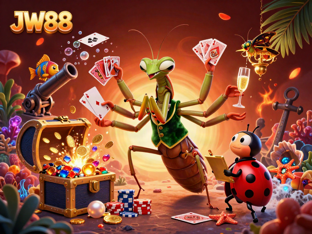 Engage with JW88's thrilling casino scene featuring a giant mantis card sharp and a ladybug pit boss in dynamic action.