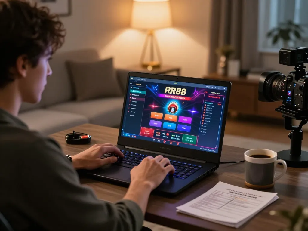 Engaging with RR88 online casino on a laptop at a stylish home desk, showcasing focused gameplay.
