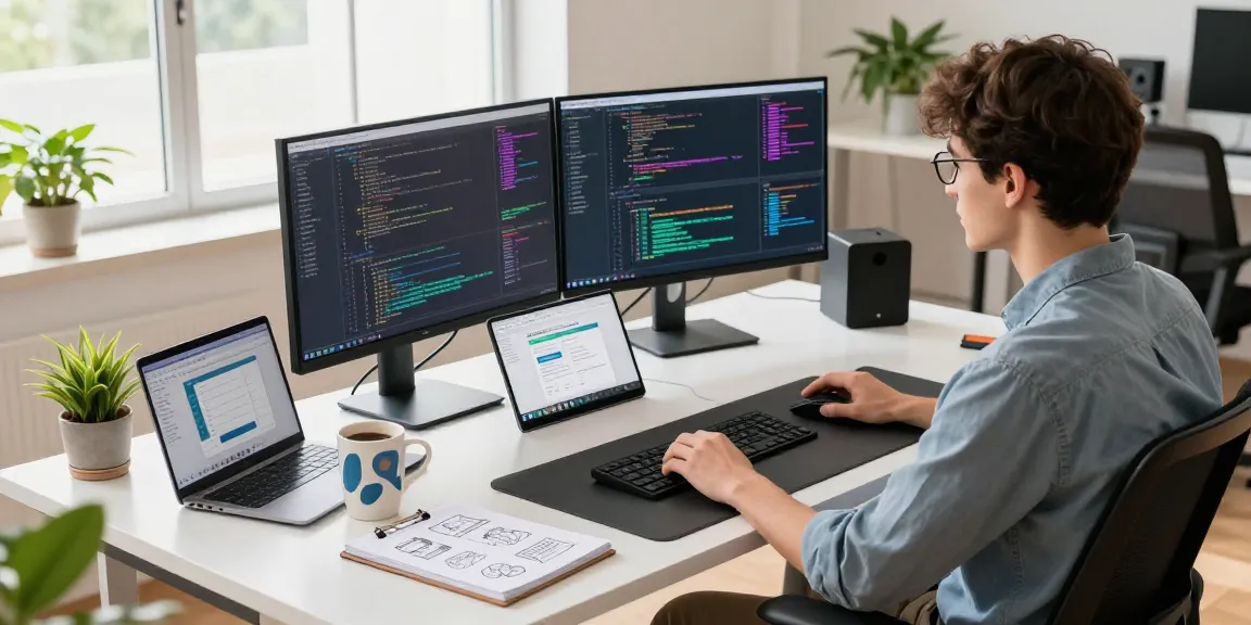 Developer coding on dual monitors showcasing WhatsApp網頁版 software features in a modern office.