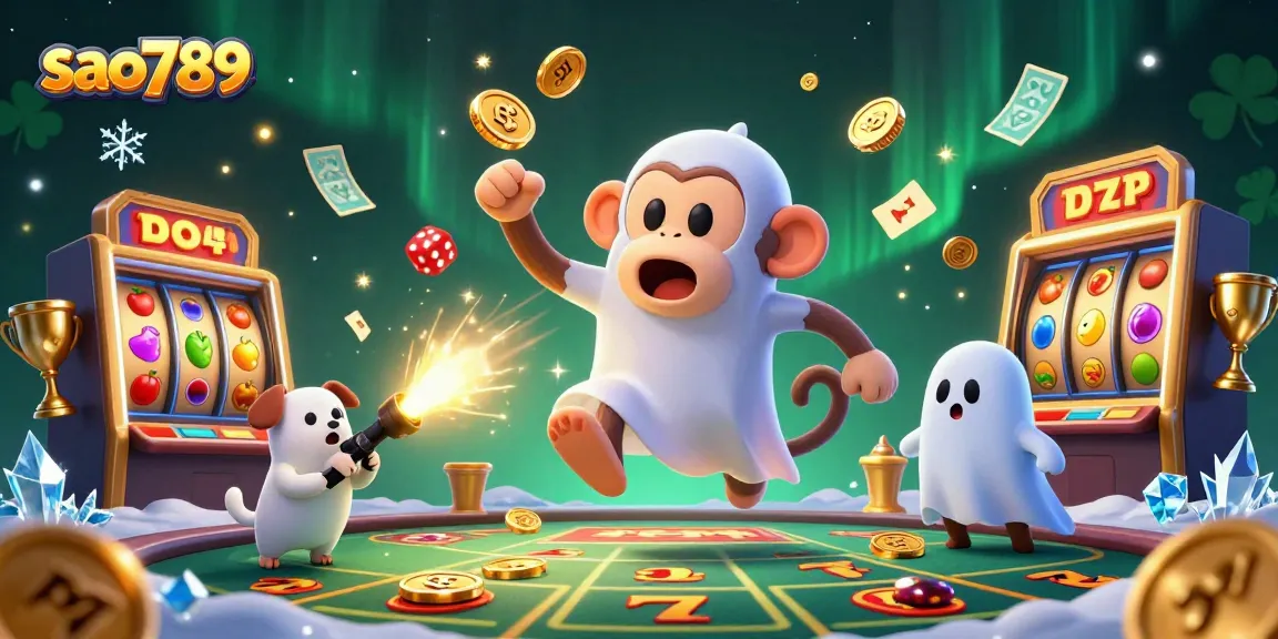 Experience the vibrant action of sao789 with a mischievous poltergeist monkey juggling casino tokens and a curious ghost-hunter puppy.