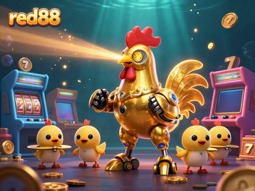 Experience thrilling gambling action with red88 featuring a golden rooster robot and baby chick drones among dynamic casino game elements.