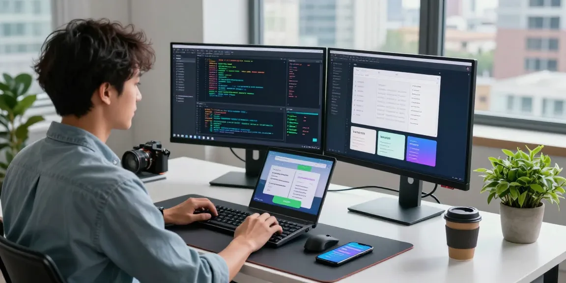 快连 developer in a modern workspace using dual monitors for efficient coding and app design.