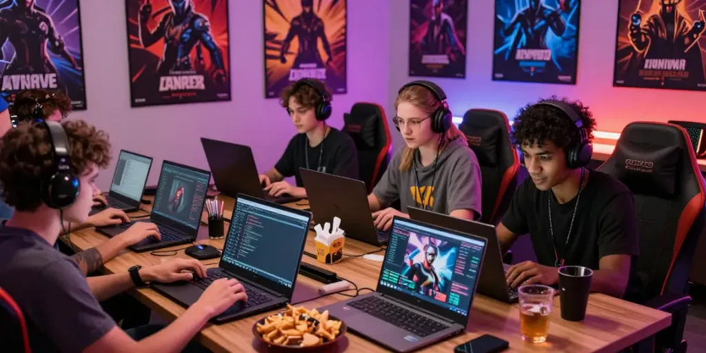 Engaged players enjoying hitclub online gaming session with laptops and snacks.