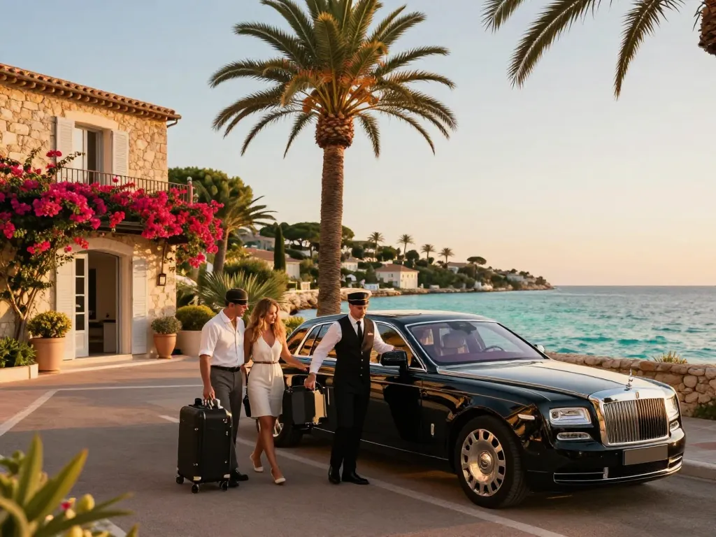 Service de Taxi à Saint-Tropez avec un chauffeur professionnel aidant les voyageurs dans une villa côtière de luxe, mettant en avant l'élégance et le confort.