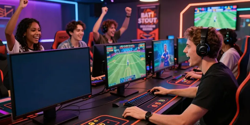 Dynamic betting experience on https://fabet.com.mx/ with friends in a lively gaming lounge.