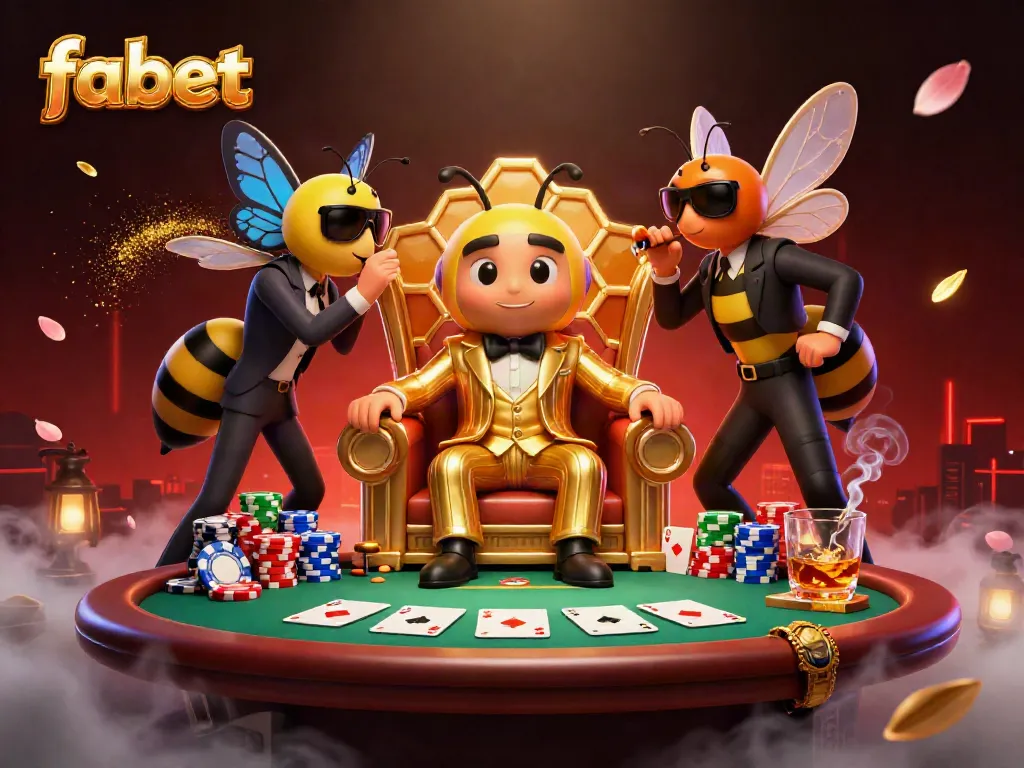 This vibrant fabet casino illustration features a bumblebee mob boss amid dynamic poker elements.
