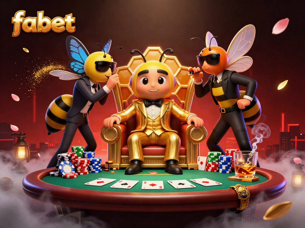 This vibrant fabet casino illustration features a bumblebee mob boss amid dynamic poker elements.