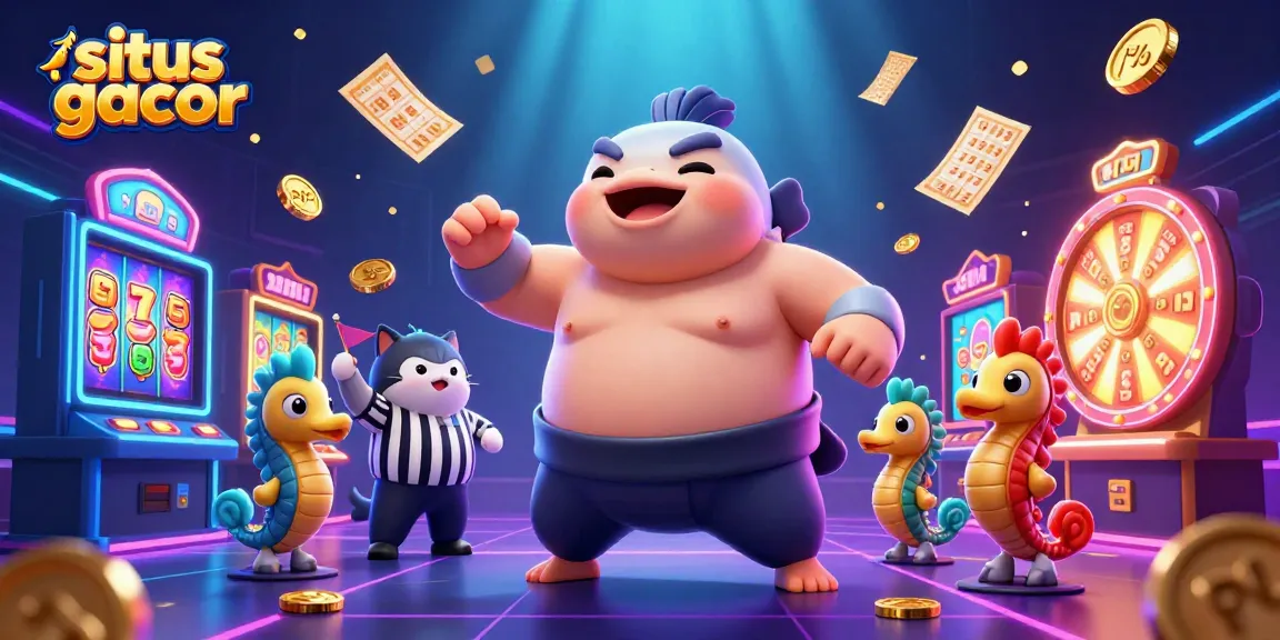 Situs gacor highlights an action-packed casino scene with a lucky fugu, vibrant slots, and energetic tokens.