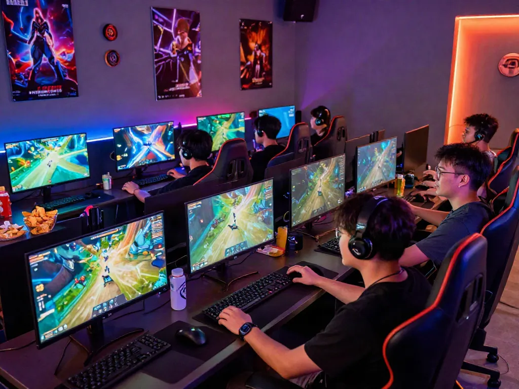 Group of friends enjoying immersive gaming at https://manclub1.jp.net/ in a vibrant lounge.