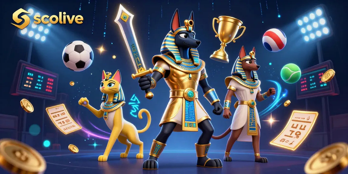 Socolive offers thrilling sports betting action featuring ancient Egyptian characters amidst dynamic sports elements.